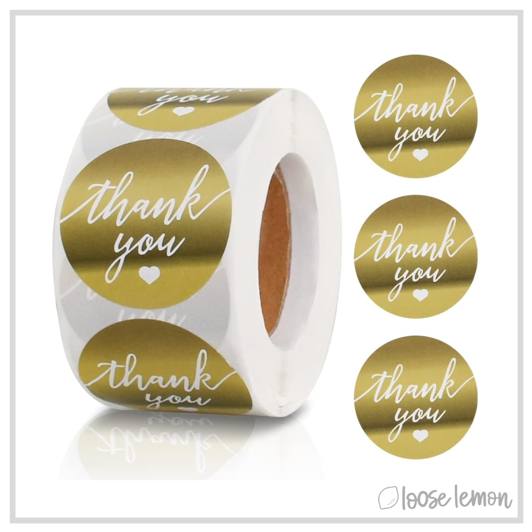 100 Gold Thank You 1.5" (38mm) Foil Stickers/Seals