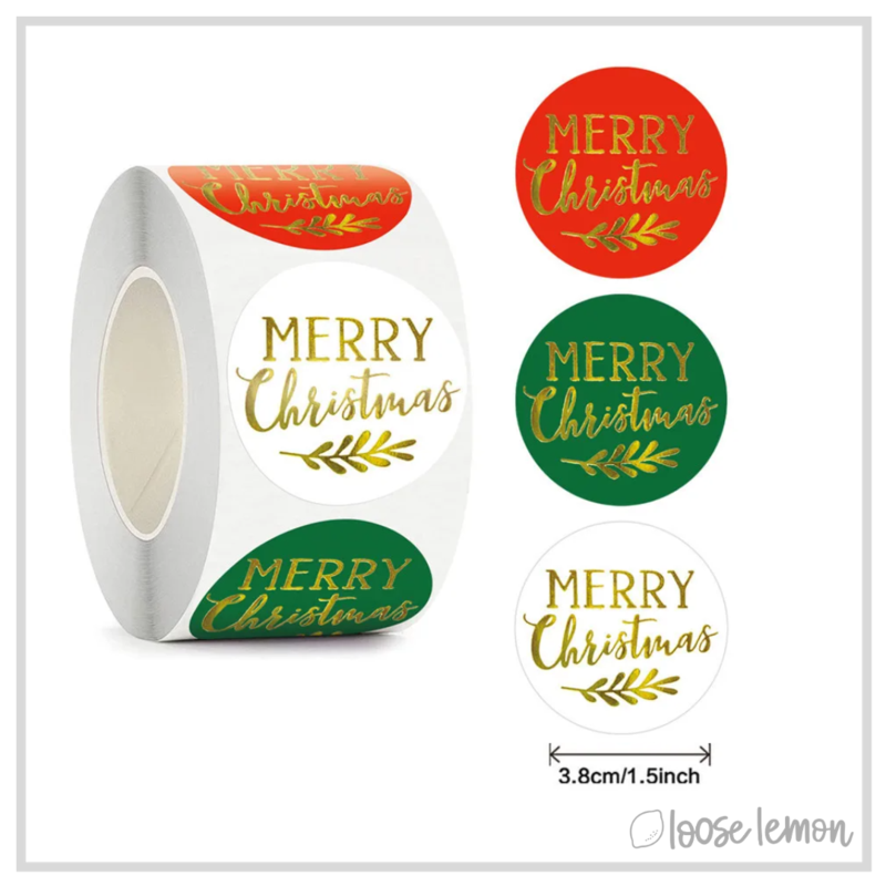 100 Classic Merry Christmas 1.5" (38mm) Foil Stickers/Seals
