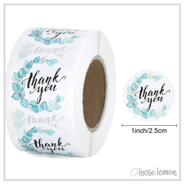 100 Thank You Teal Leaves 1" Stickers/Seals